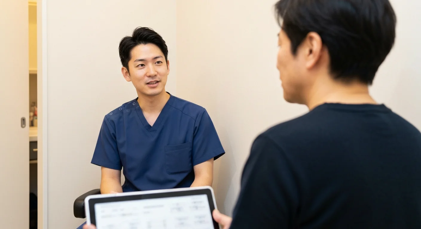 診療内容を説明しながら患者と向き合う歯科医師の手元